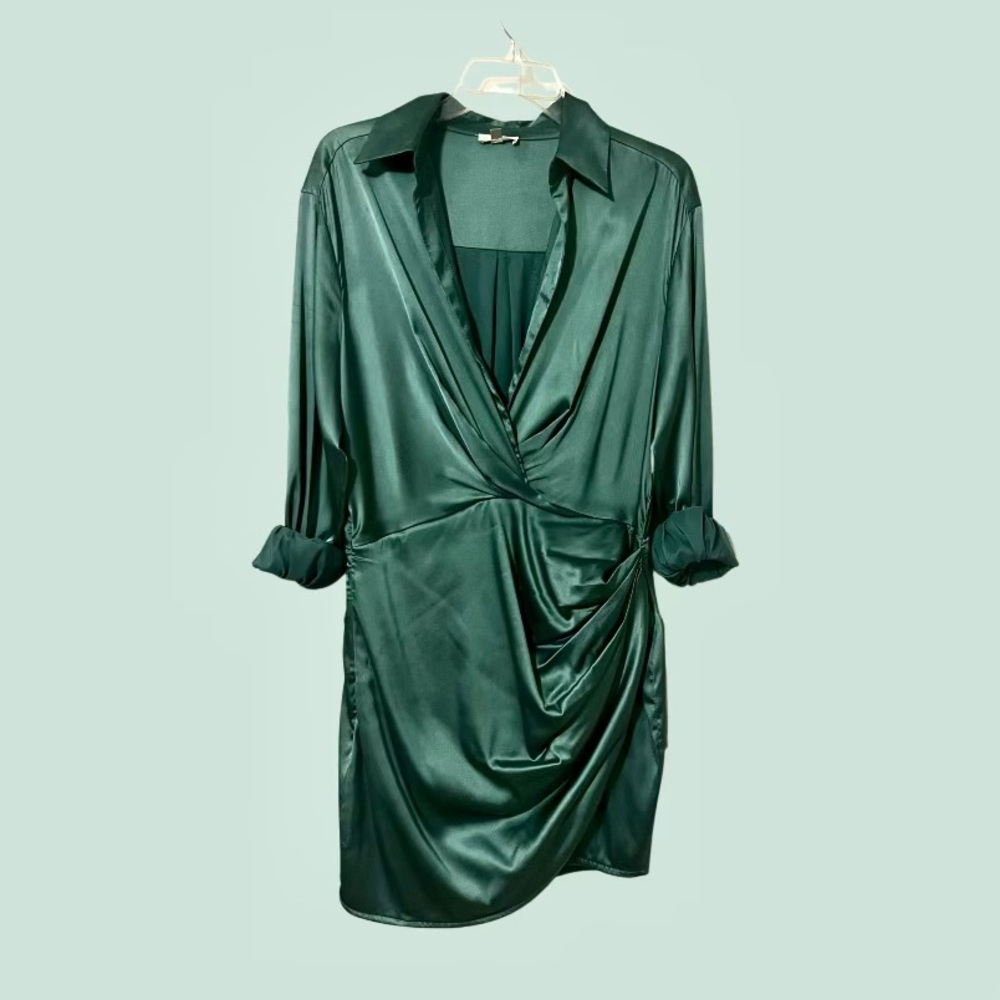 Long Sleeve Satin Button Up Ruched Dress